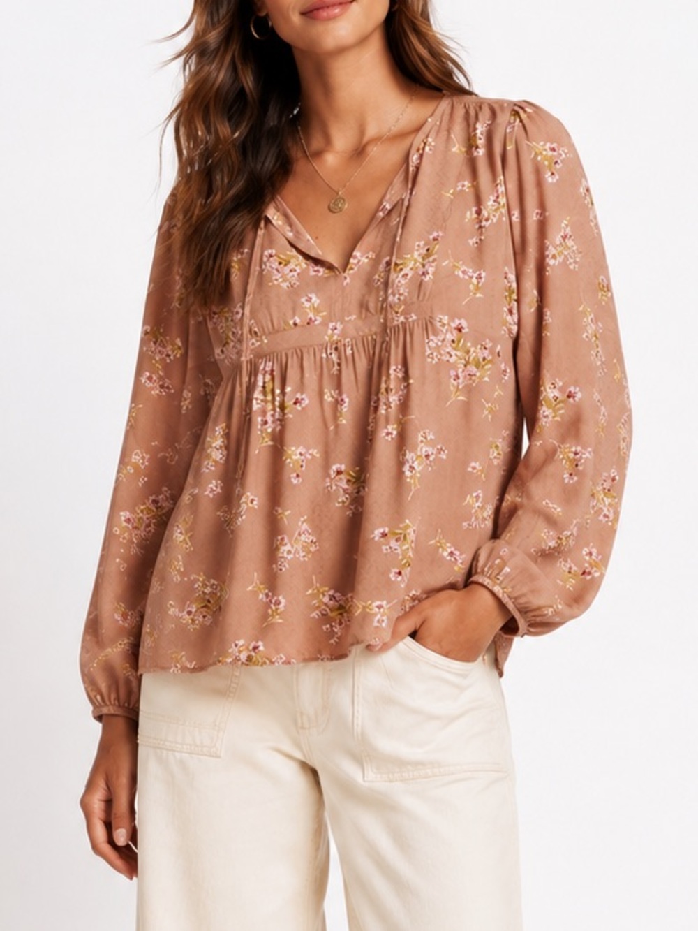 LUCKY BRAND Taupe Floral Peasant Top-Boho Blouse- Size Small NWT